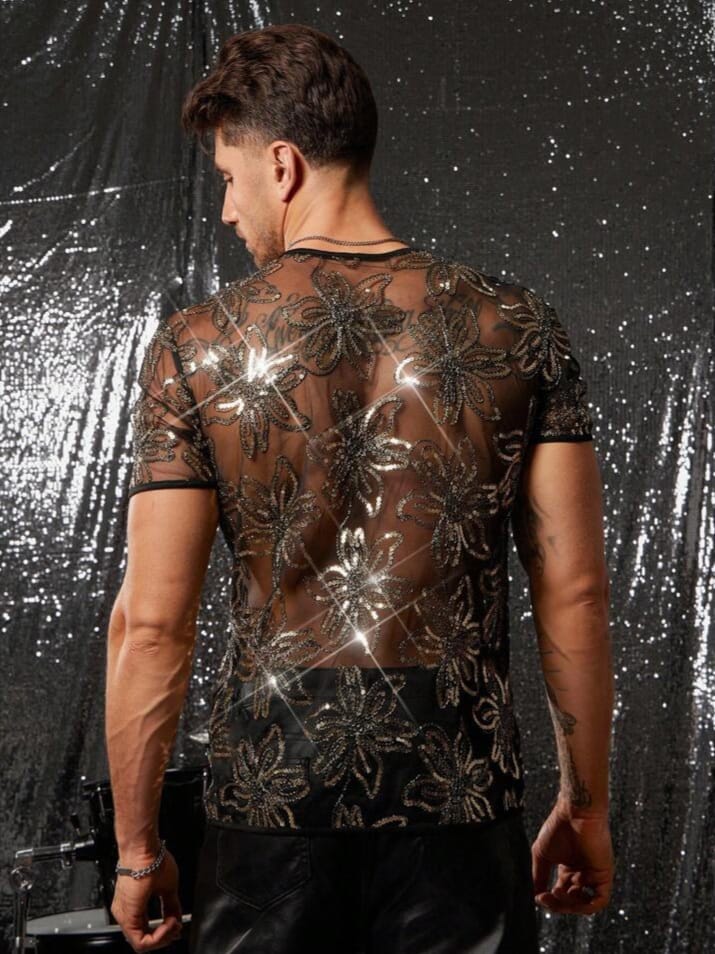 Bonga Boys Mans knitted Fashionable Casual Loose Sequin Decorated Short Sleeve T-shirt ;